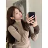 Foto real~Suéter de tricô de manga comprida color block para mulheres, estilo designer, caimento justo, valoriza a silhueta, versátil, elegante, top para usar como base