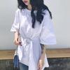 Camiseta de manga corta holgada de longitud media con cordones y cintura ajustada para mujer, color liso, estilo coreano, combina con todo, nueva llegada, top irregular de moda para verano