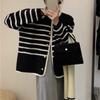 Cardigan Tricotado Listrado Moda Chic da Coreia do Sul Feminino Outono e Inverno Novo Estilo Preguiçoso Solto Roupa Externa Suéter Gola Redonda Jaqueta