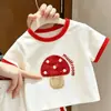 Novo Conjunto de Verão Infantil Estilo Bordado Imitado Estampado Desenho Animado de Cogumelo Manga Curta Camiseta Shorts Conjunto de Duas Peças Tendência