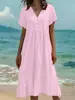 Moda Femenina Nueva Primavera/Verano 2026 Vestido de Color Sólido de Manga Corta a la Moda Fruncido para Amazon y Plataformas de Comercio Electrónico Independientes