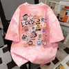 Camiseta de Manga Curta Tie-Dye Cartoon Estilo College 100% Algodão Puro para Homens e Mulheres, Versátil de Verão, Caimento Solto, Emagrecimento, Gola Redonda