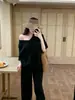 Camiseta de punto de manga corta con cuello en V estilo perezoso para mujer, conjunto de moda de primavera, pantalones casuales holgados de pierna ancha, conjunto de dos piezas rosa