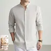 Camisa de Lino para Hombre yingao con Cuello Mao de Manga Larga Otoño Color Sólido Casual de Negocios Estilo Chino Corte Delgado Estilo Old Money