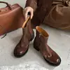 Versão em couro de vaca~botas curtas de bico redondo retrô com salto grosso emagrecedoras para mulheres, couro genuíno, lavado, feito à mão, botas Martin, botas Chelsea justas
