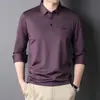 Camisa polo masculina de manga comprida de seda gelada, outono e primavera fina, top para pais de meia-idade, camiseta masculina casual de negócios com lapela