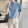 Camisa básica masculina de seda gelada de manga curta para o verão, gola semi-alta, cor sólida, versátil, corte slim fit business britânico, tendência, atacado transfronteiriço