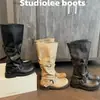Mismo estilo que la Madre Uva~ Tacón de 4 cm de grosor~ Hebilla redonda 3D Moda de caña alta Botas de montar holgadas para mujer
