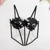 En Stock Estilo Europeo y Americano Malla Sexy Chica Caliente Camisola Floral 3D Ajustado Sin Espalda Hombros Descubiertos Corsé Superior