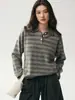 Suéter de Cashmere com Gola Polo Feminino Outono 2026, Tricô Listrado de Manga Longa, Estilo Old Money, Top Relaxado e Casual