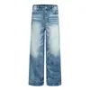 Calça jeans reta com lavagem degradê, estilo punk street vintage, com amassados e bordas desfiadas, calça larga solta para homens