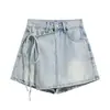 Saia Jeans Falsa de Duas Peças para Mulheres, Verão 2025, Shorts Saia Irregular com Amarração de Cintura Alta para Meninas Baixinhas, Hot Pants em Linha A