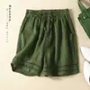 Foto Real de Pantalones de Encaje Hueco Vintage de Algodón y Lino para Mujer, Pantalones de Pierna Ancha Elásticos con Cintura de Corbata, Pantalones Casuales, Shorts Rectos Versátiles