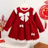 Vestido de niña otoño e invierno forrado de polar engrosado vestido de princesa para niños vestido para bebé de un año vestido de niña rojo ropa de Año Nuevo