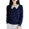 Cárdigan de punto en capas estilo francés con cuello de muñeca de encaje para mujer, para ir al trabajo, con bloques de color, rejuvenecedor, adelgazante, suéter versátil para usar como prenda exterior