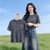 Camiseta de Gola Redonda com Manga Curta para Mulheres, Verão, Caimento Solto, Top Emagrecedor, Moda Feminina 2026 Novo Estilo Europeu Roupa de Verão
