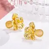 Brincos de Flor Tridimensional em Metal Retro Francês com Pedra Olho de Gato para Mulheres, Luxo Leve, Design de Nicho de Alta Qualidade