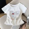 Estilo Dulce Gatito Lindo Camiseta de Encaje de Manga Corta para Mujer Verano Puro Deseo Aspecto Adelgazante Moda Top Corto Chic