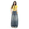 Jeans de Mezclilla Lavada con Diseño Yuppie Deconstruido y Líneas Tridimensionales, Pantalones de Pierna Ancha para Mujer, Pantalones Largos hasta el Suelo Hechos de Algodón de Primavera