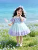 Vestido de princesa floral colorido de comercio exterior al por mayor para niñas pequeñas, vestido de cumpleaños sin hombros, atuendo para actuación de baile, en stock