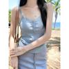 Top de Renda Simples Cor Sólida Francesa Sem Mangas Renda Elástico Slim-fit Ombro Verão Feminino Alça Pequena