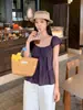 Blusa feminina roxa de manga curta estilo doce francês, novo design de verão 2026, blusa de design único para mulheres