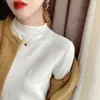 Suéter Base Feminino Preto de Corte Justo com Gola Alta Meia Branca Tricot Fino Moda Fashion Outono e Inverno Francês Top