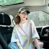 Camiseta de Algodão Pura Tie-Dye Colorida de Manga Curta para Mulheres Verão 2026 Estilo Americano Design Solto e Preguiçoso Top de Meia Manga Tendência