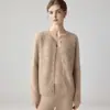 Cardigan jacquard de cashmere macio e versátil para outono e inverno, com gola redonda para mulheres, malha simples de ponto sete com fio duplo, estilo suéter casaco