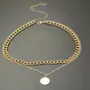 Moderna Cadena Gruesa de Aluminio Metálico Doble Capa Geométrica Redonda Colgante Redondo de Nácar Collar Joyería Europea y Americana para Mujer