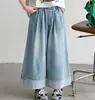 Jeans Largo de Verão para Meninas 2026 Novo Estilo Moda Infantil Crianças de Meia-Idade e Mais Velhas Jeans Macio Lavado Fino Calça de Perna Larga