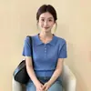 Blusa canelada da moda estilo coreano para mulheres, super popular no verão, rejuvenescedora e extremamente estilosa, azul, tamanho único