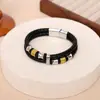 Pulseira Trançada de Couro Genuíno Transfronteiriça para Homens, Pulseira de Couro com Fecho Magnético da Moda, Pulseira Retro Tendência com Duas Camadas de Contas