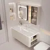 Gabinete Lateral Inteligente Combinado de Madera Maciza Estilo Crema de Lujo Ligero Gabinete de Baño con Lavabo Cerámico Integrado