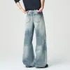 Jeans anchos vintage lavados estilo americano para hombre, jeans de papá de moda de alta costura con bordes desgastados, pantalones largos rectos holgados