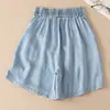 Toma real de pantalones cortos de mezclilla Tencel de pierna ancha con cintura alta en línea A para mujer de talla grande, nuevos de verano, para uso en exteriores