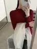 26 Nuevo Estilo de Otoño Top, Estilo Coreano, Color Sólido, Cuello Semi Alto, Suéter de Punto con Mangas Largas Fruncidas, Camiseta Básica para Commuting para Mujer