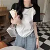 Camiseta Regular de Ombro a Ombro Transfronteiriça Manga Curta Feminina 2026 Novo Verão Emagrecedora Coreana Color-Blocking Raglan Linha A Retrô Americana Top Curto