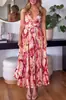 Amazon Roupas Femininas Europeias e Americanas Transfronteiriças Vestido de Alça com Decote V Estampado Sem Mangas Praia Plissado Moda Sexy 8087