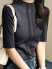 Camisa Base Gris para Mujer, Cuello Medio Alto de Alta Gama, Manga de Tres Cuartos, Top de Manga Media Ajustado, Camiseta de Punto A7691