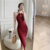 Vestido vermelho Halter sem alça para trás Feminino Verão 2022 Novo Estilo Hepburn Melhorado Cheongsam Bainha Split Vestido Longo