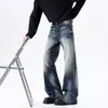 2026 Jeans Masculino Tendência Estilo Americano Padrão Bambu Lavado Desgastado Unissex Vintage Solto Versátil Calças de Perna Larga