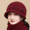Sombrero de punto de ala ancha con pelo de conejo para otoño e invierno, sombrero de lana cálido con forro polar para mujeres de mediana edad, ancianas y abuelas