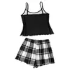 Pantalones de Pijama con Tirantes a Cuadros Transfronterizos Europeos y Americanos para Mujer, Shorts con Tirantes sin Espalda Transpirables para Mujer, Ropa de Casa Casual Linda al por Mayor