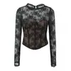 Moda Casual Sexy de Invierno 2025 para Mujer, Transparente, Encaje de Ganchillo, Camiseta de Manga Larga, Estilo Europeo y Americano Transfronterizo