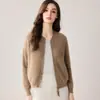 Cardigã 100% cashmere puro com zíper duplo para mulheres, nova coleção outono 2026, estilo curto, suéter com gola redonda, peça de tricô externa, jaqueta bomber