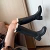 Botas Cavaleiro Grossas de Lã Anti-incrustantes Quentes de Couro Integral 2024 Inverno Salto Médio Grosso Bico Redondo Cano Alto de Couro Botas Maomao para Mulheres