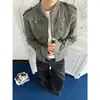 Chaqueta Napoleón Retro Americana de Cuello Alto Doble Botonadura Diseño para Hombres y Mujeres Sentido del Diseño Estilo de Corte Ajustado Chaqueta de Mezclilla Desgastada