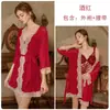 Rojo Sexy Escote en V Profundo Acolchado Malla Plisado Fruncido Espalda Descubierta Terciopelo Burnout Bata de Noche Bata Conjunto para Casa 6803