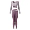 Conjunto de yoga de dos piezas de manga larga con bloques de color y cuello redondo, pantalones de cintura alta cruzada, realce de glúteos, ajustados, transpirables, para Pilates y fitness